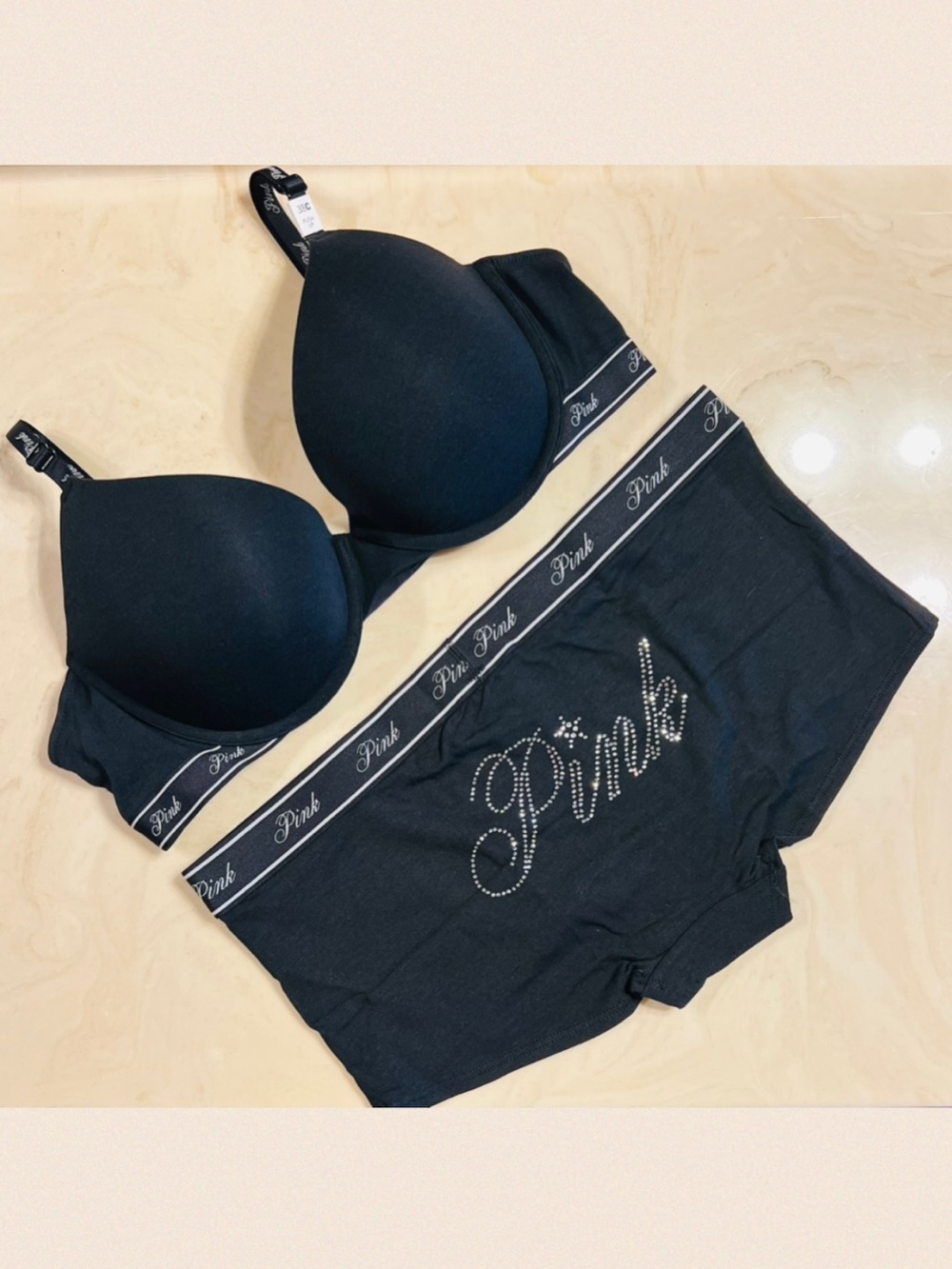 PINK VICTORIA’S SECRET Black Push-Up Bra & Cotton Boyshort Diamante Logo 38C